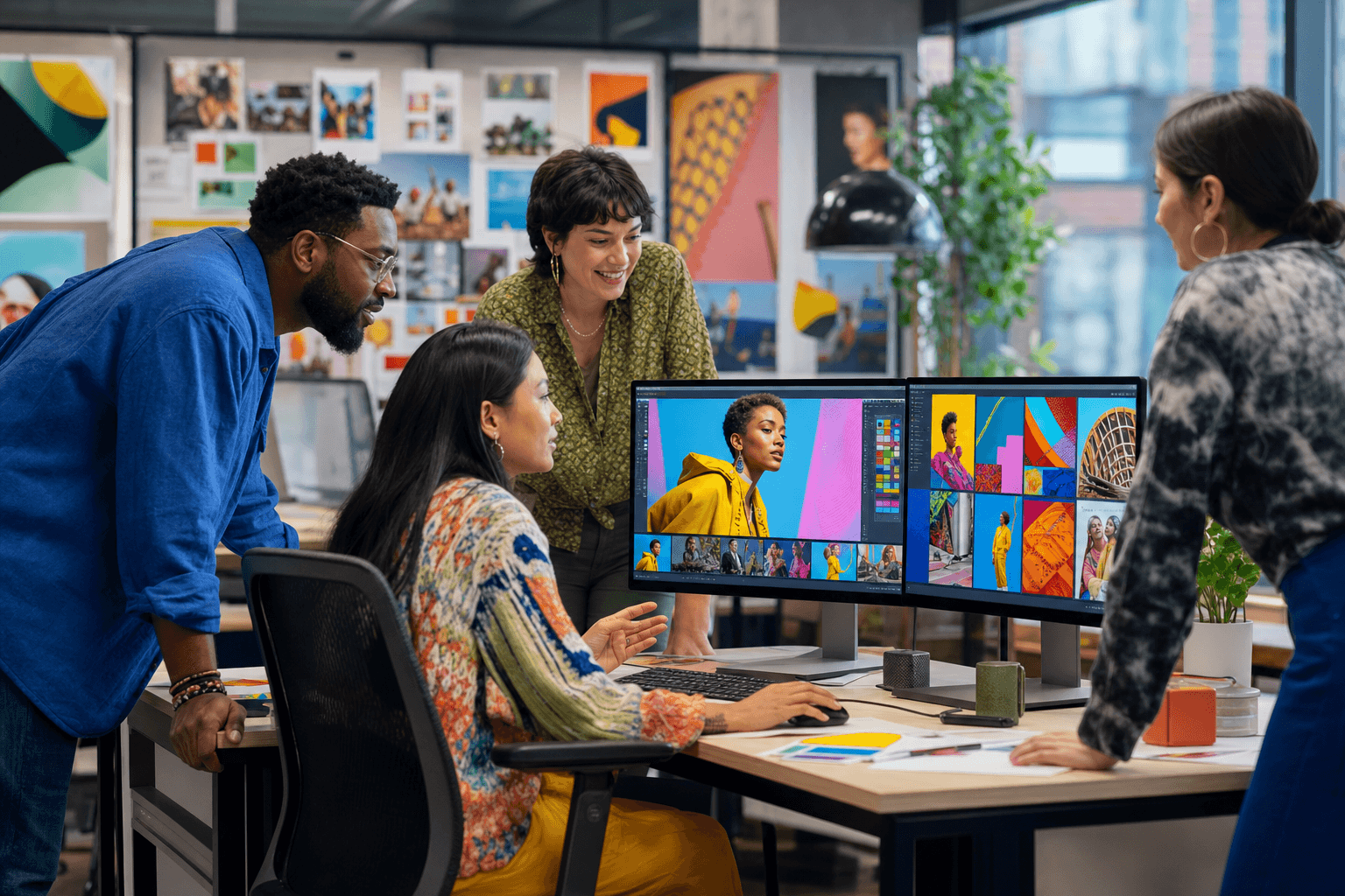 Photorealistic advertising team reviewing brand audio campaign in a bright studio.