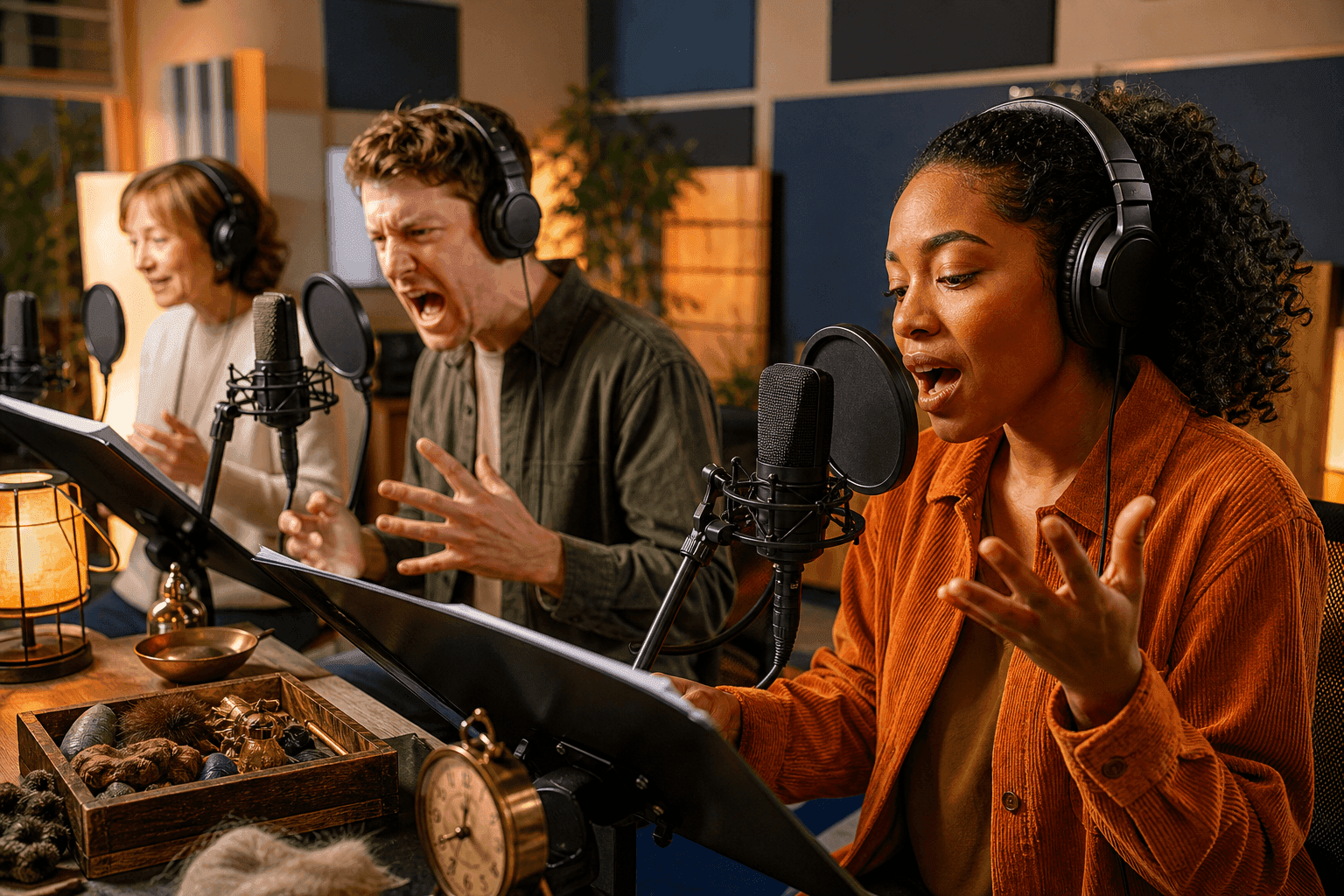 Photorealistic radio drama and audiobook studio with actors at microphones.