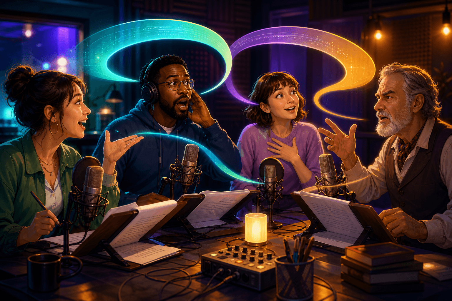Illustration of multi-character dialogue choreography in a radio studio.