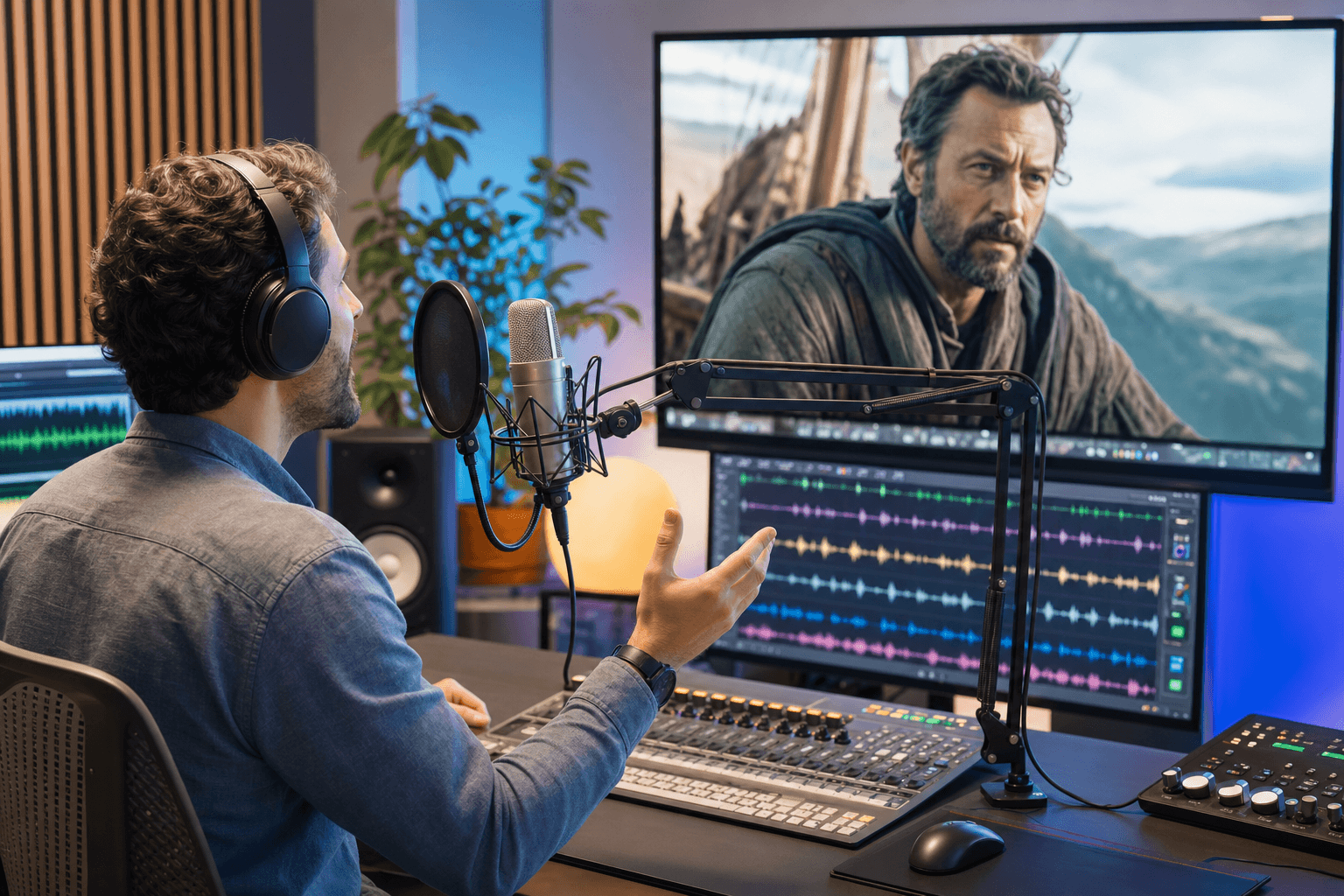 Photorealistic video dubbing studio with creator matching voice to film scene.