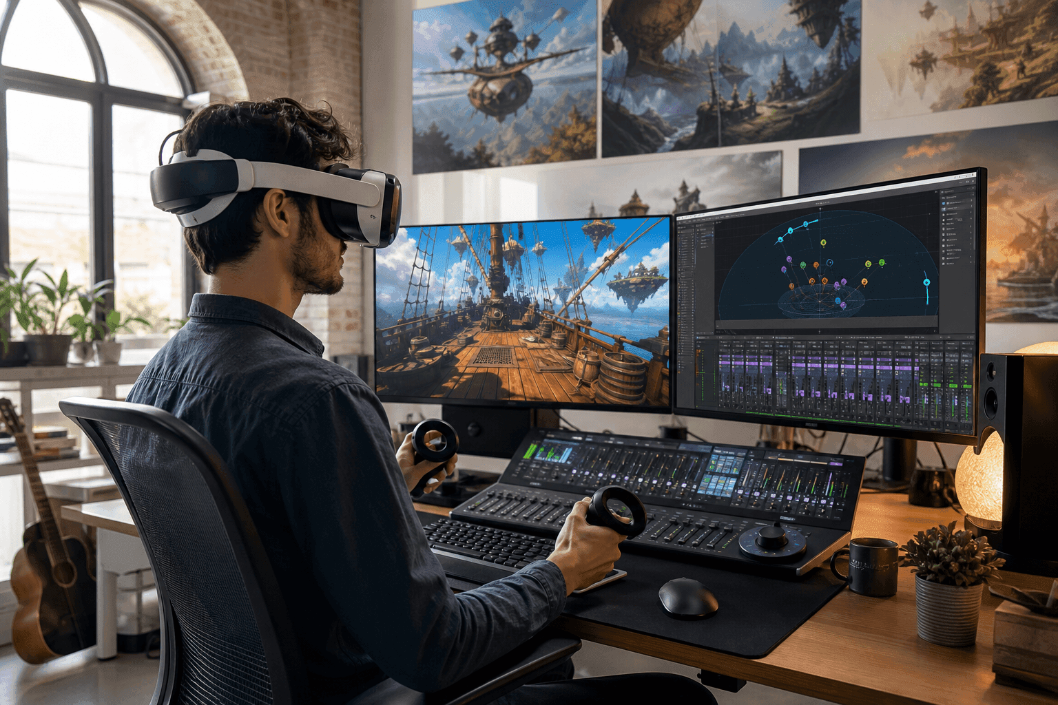 Photorealistic game developer designing immersive spatial audio in a VR studio.