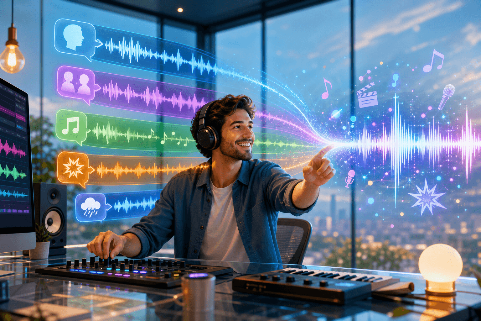Colorful illustration of multi-track audio mixing in one prompt.