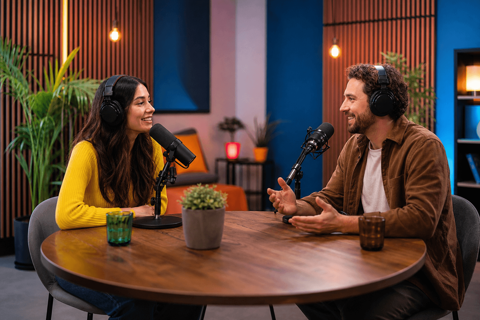 Photorealistic dual-host podcast studio with microphones and warm lighting.
