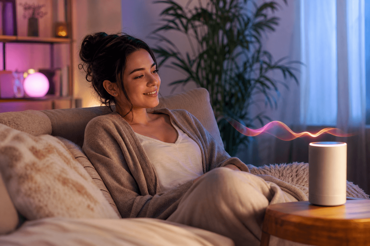 Photorealistic person listening to a personal AI voice companion at home.